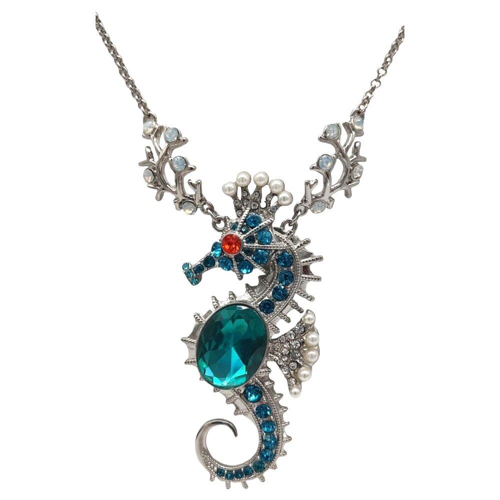 NWT Betsey Johnson Jewelry Large Seahorse Pendant Necklace Crystal Jeweled Crown - Picture 5 of 13
